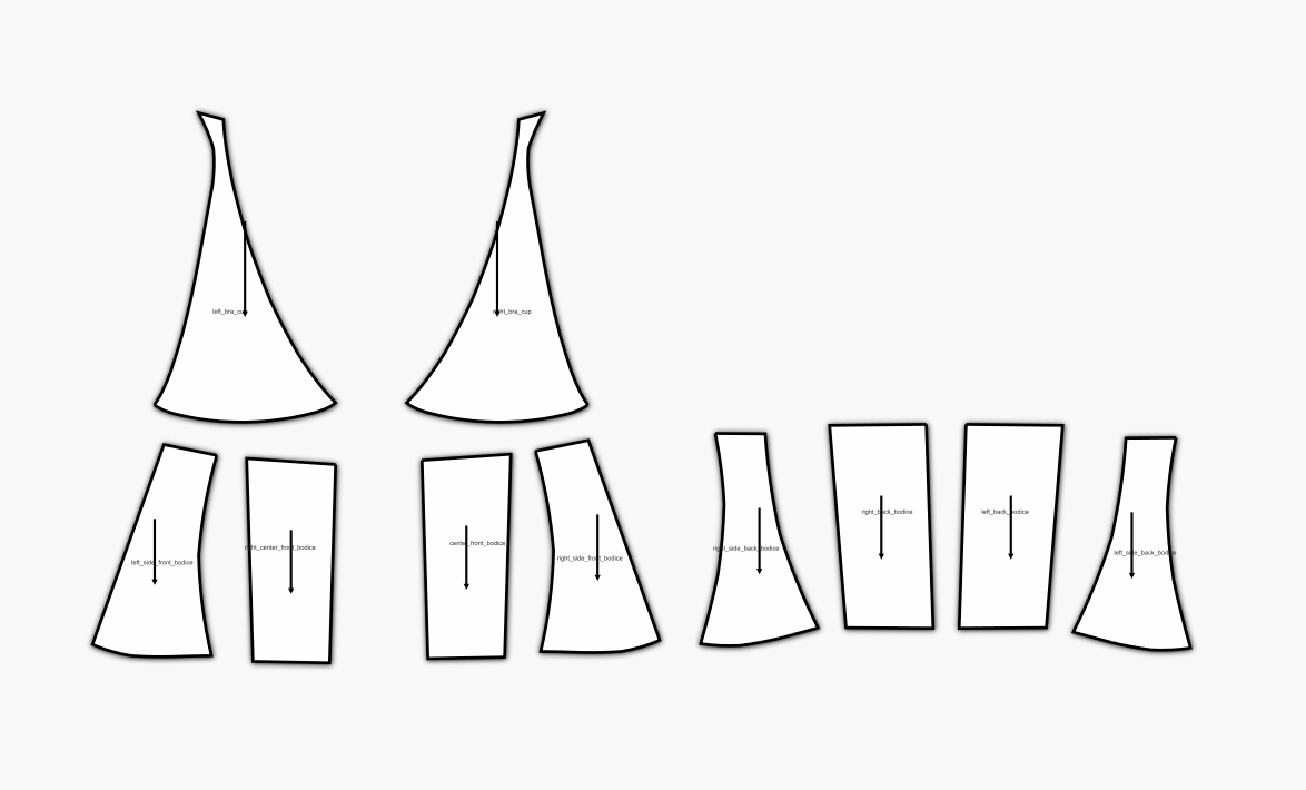 Complete sewing pattern set for Kylie Jenner orange dress generated by LA VIPÈRE AI showing all pattern pieces including bodice, halter straps, and skirt sections