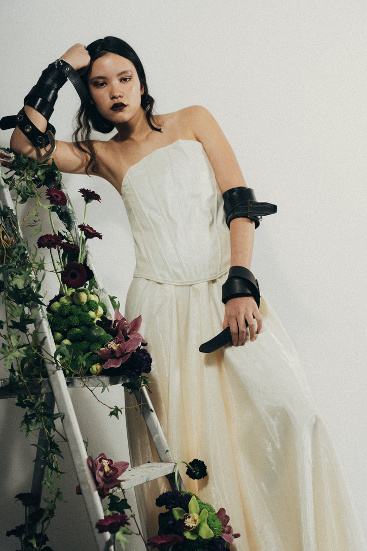 Bride wearing custom-made corset and skirt at Berlin Fashion Week editorial photoshoot