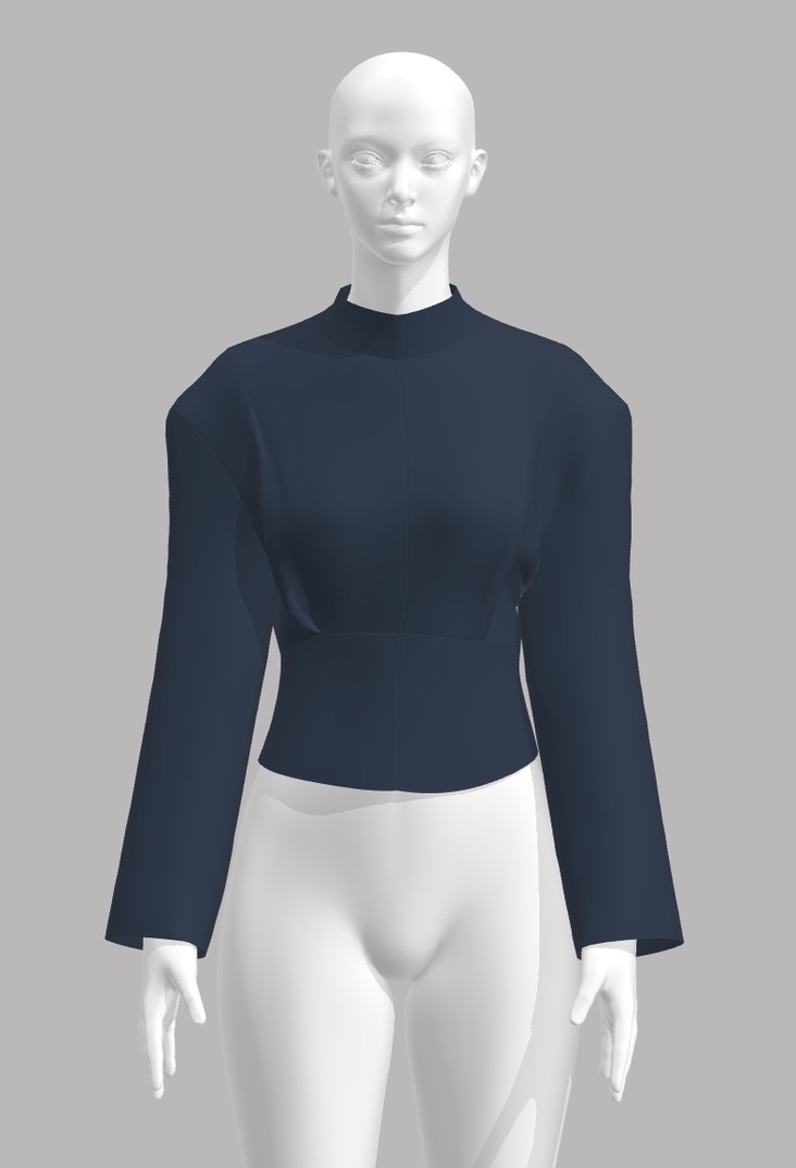 3D visualization of Celina's jacket pattern in CLO3D showing the pattern generated by LA VIPÈRE and exported seamlessly into the 3D software