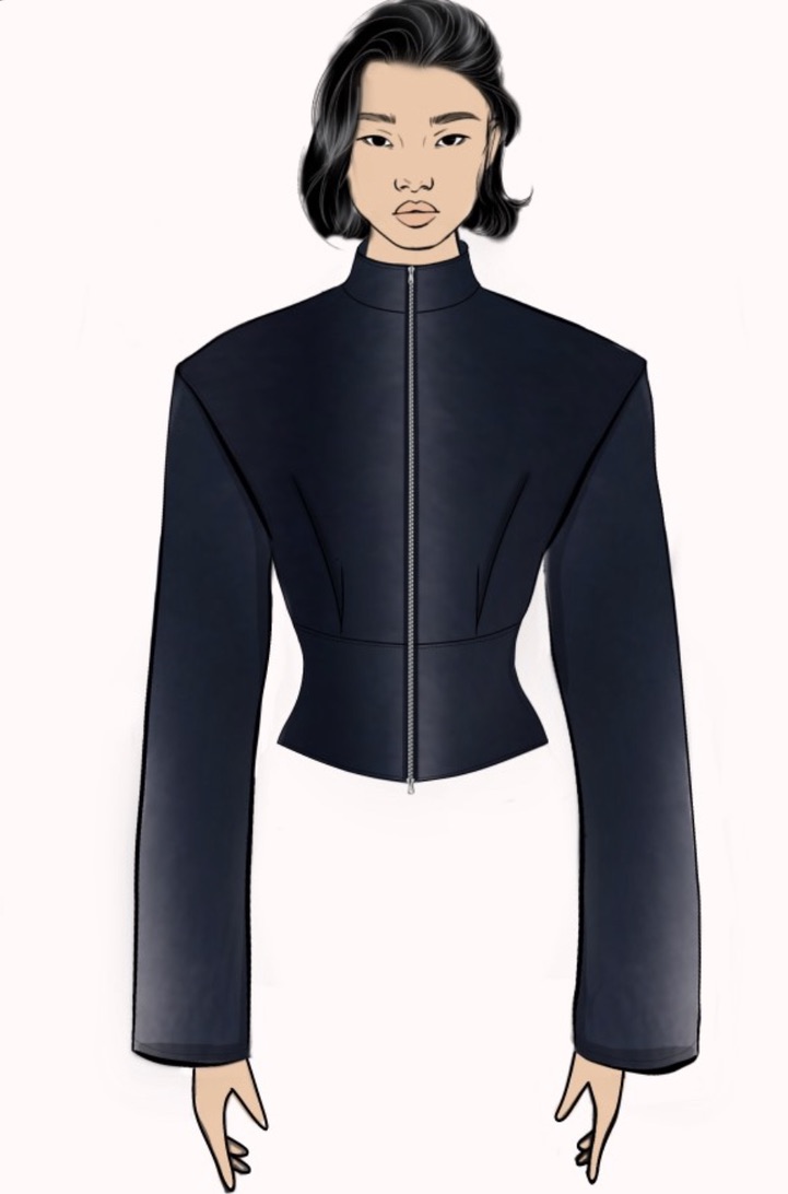 Original jacket sketch showing structured design with high collar, zipper, and exaggerated shoulders