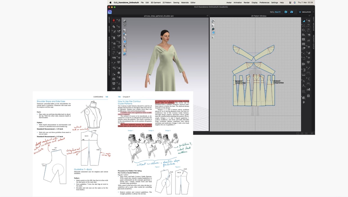 Traditional pattern making books with handwritten notes versus modern 3D design software