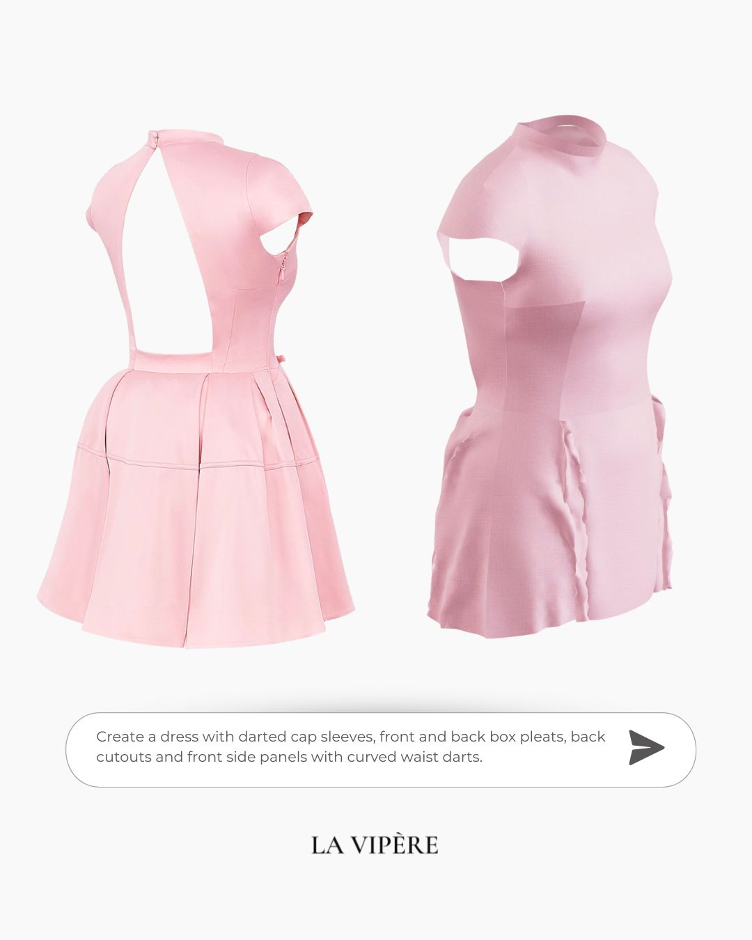 Multiple angles of the AI-generated dress showing front view with cutout and side panels, back view with cutouts and waistband, and side views demonstrating accurate construction of cap sleeves, pleats, and curved seam details