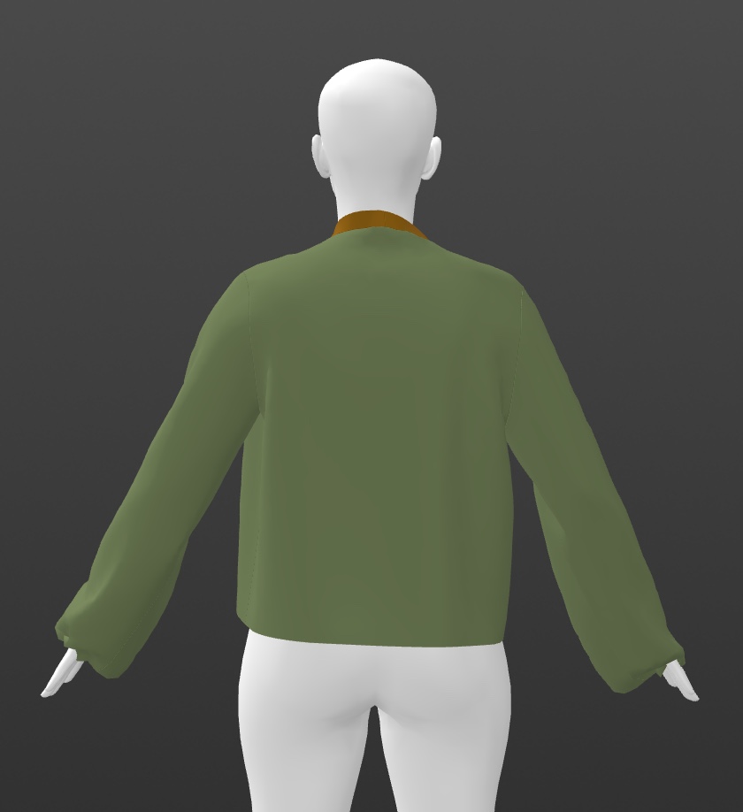 Back view of AI-generated modernized Korean hanbok in 3D simulation showing clean back construction with contrast collar detail and proper drape of olive green fabric