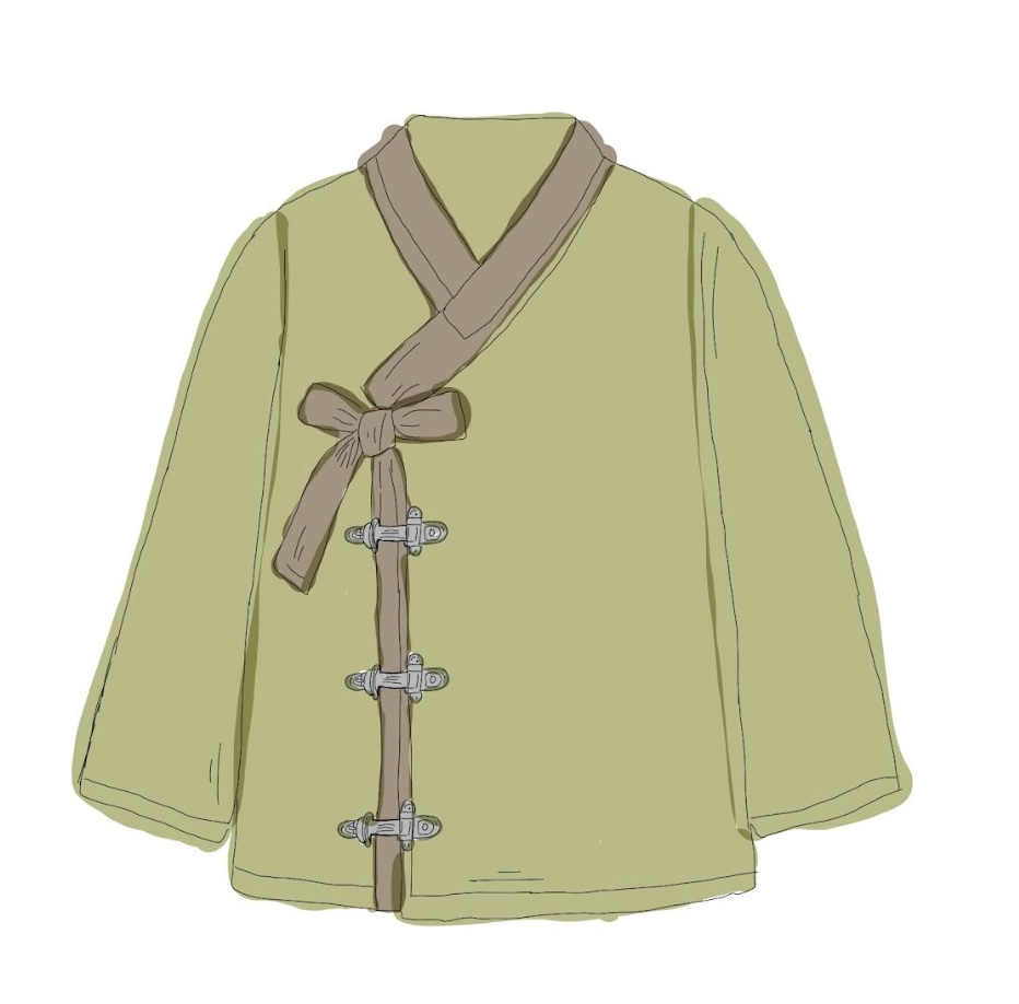 Hand-drawn sketch of modernized Korean hanbok design by high school student showing traditional wrap-style construction with modern details
