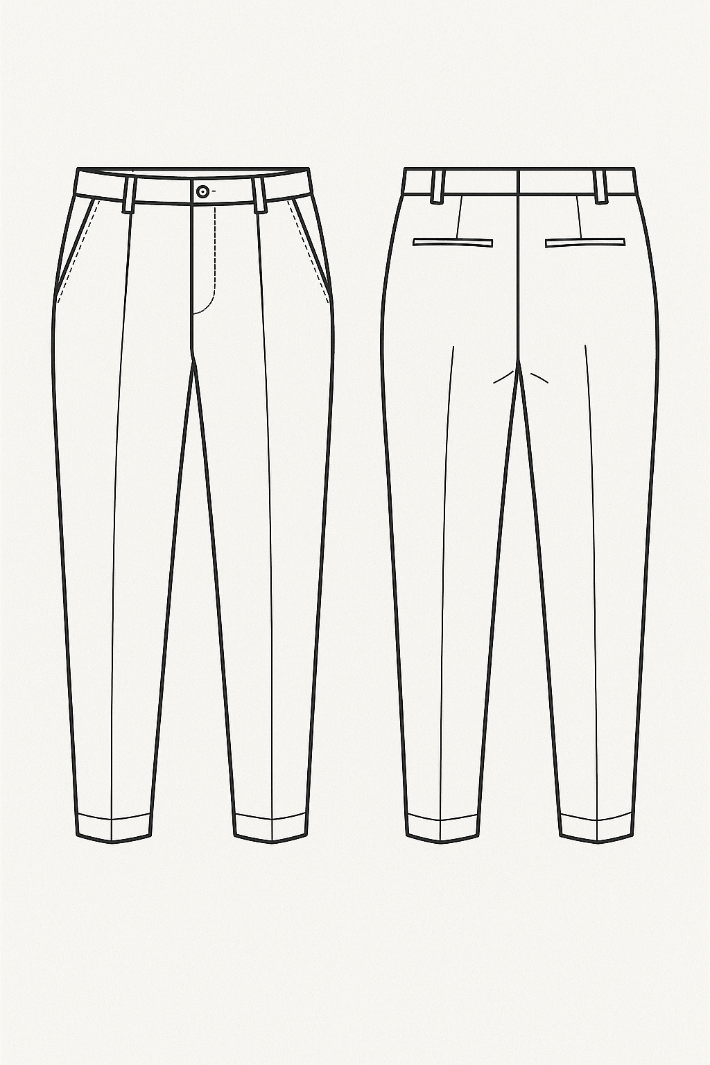 Chino pants with high rise. The front has no darts, the back has a single waist dart.