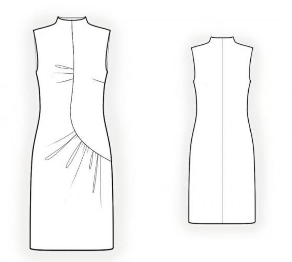 A dress with a built-in neckline and asymmetrical cutout with gathers