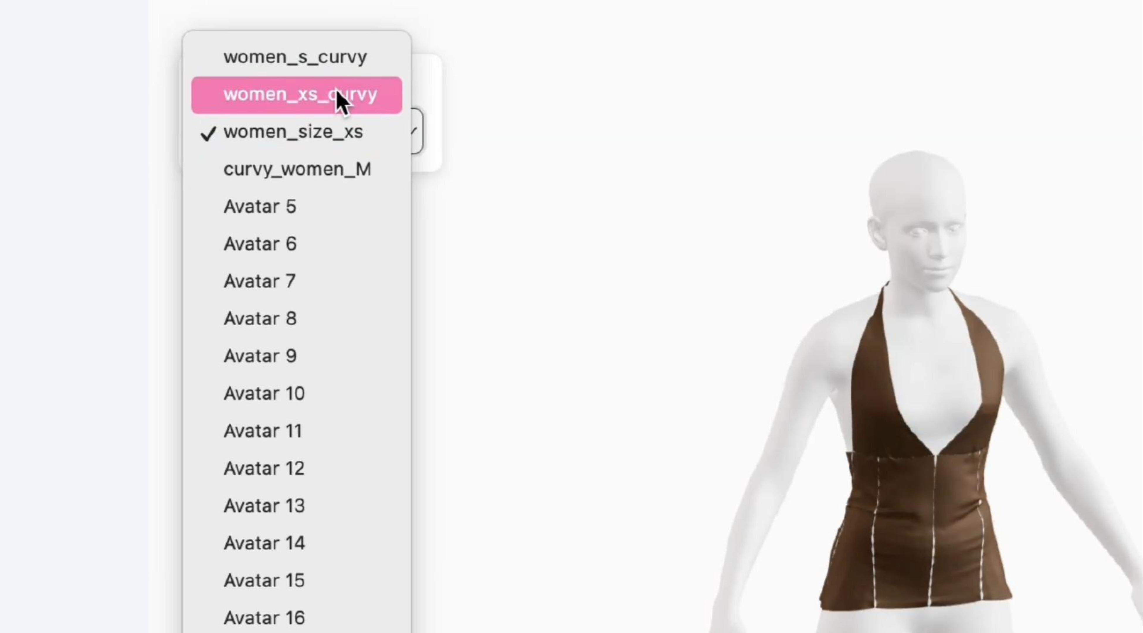 LA VIPÈRE pattern generation playground showing avatar dropdown menu with list of created avatars including women_s_curvy, women_xs_curvy, women_size_xs, and various numbered avatars. The interface demonstrates how users can select different avatars from the dropdown to grade patterns automatically.